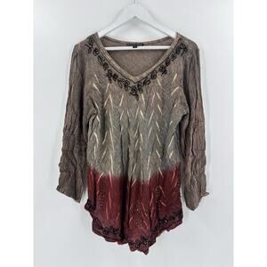 Greater Good Blouse Womens Large/XL Brown Red Bohemian Beaded Embroidery Crinkle